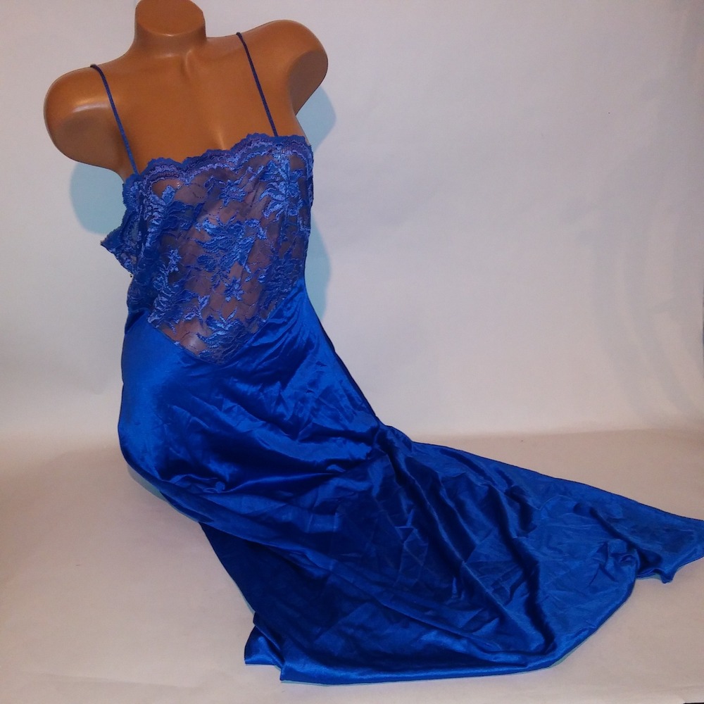 Vintage Lingerie Chemise Slip Gown Large Royal Blue Lace Trim Solid Length 58"